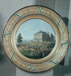 Plato de Meissen, decorado con una escena de Apsley House con un desfile de soldados de caballería, c.1818